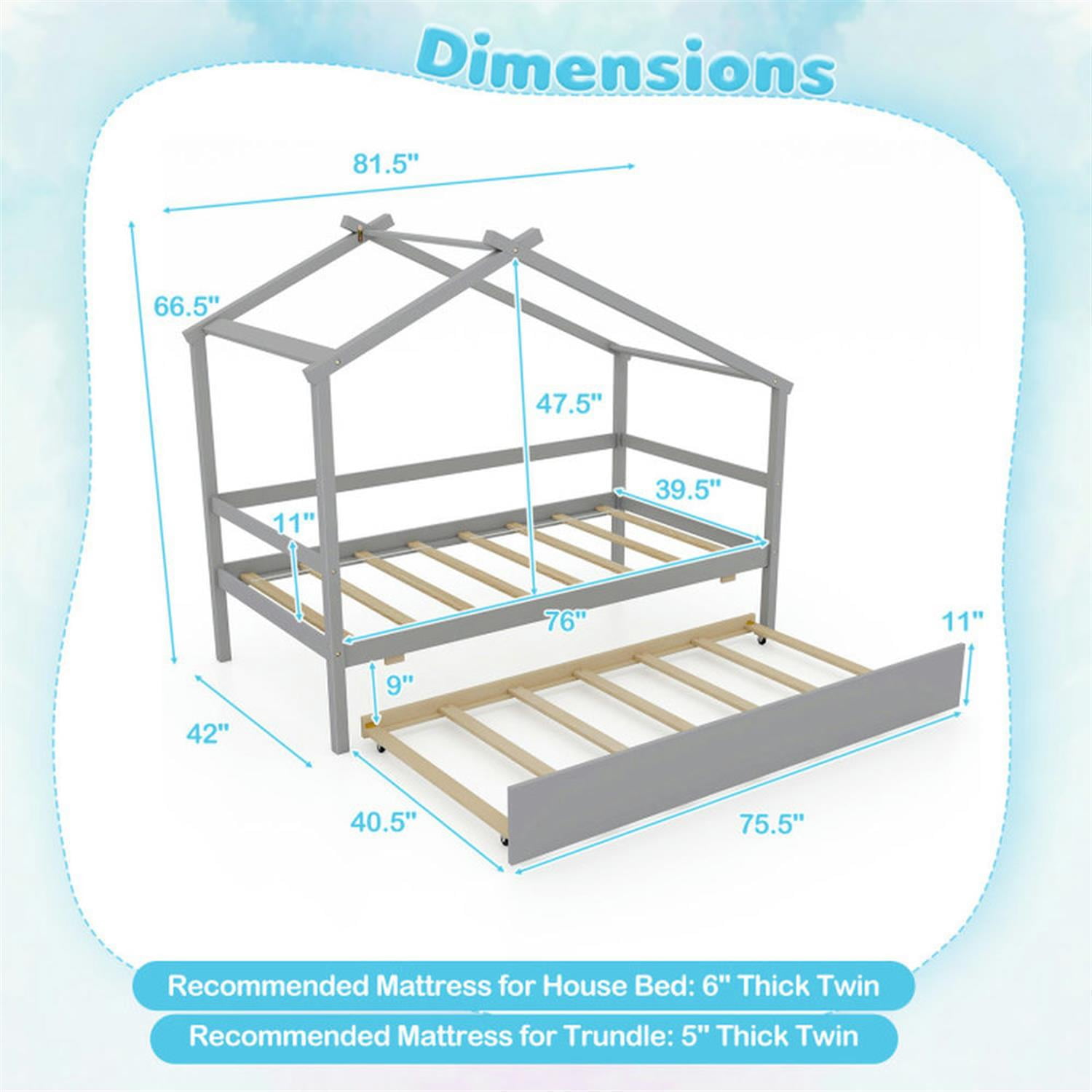 Demi Bonn Twin Size House Bed Frames with Trundle and Roof, Modern Platform Bed Frames for Teens, Gray
