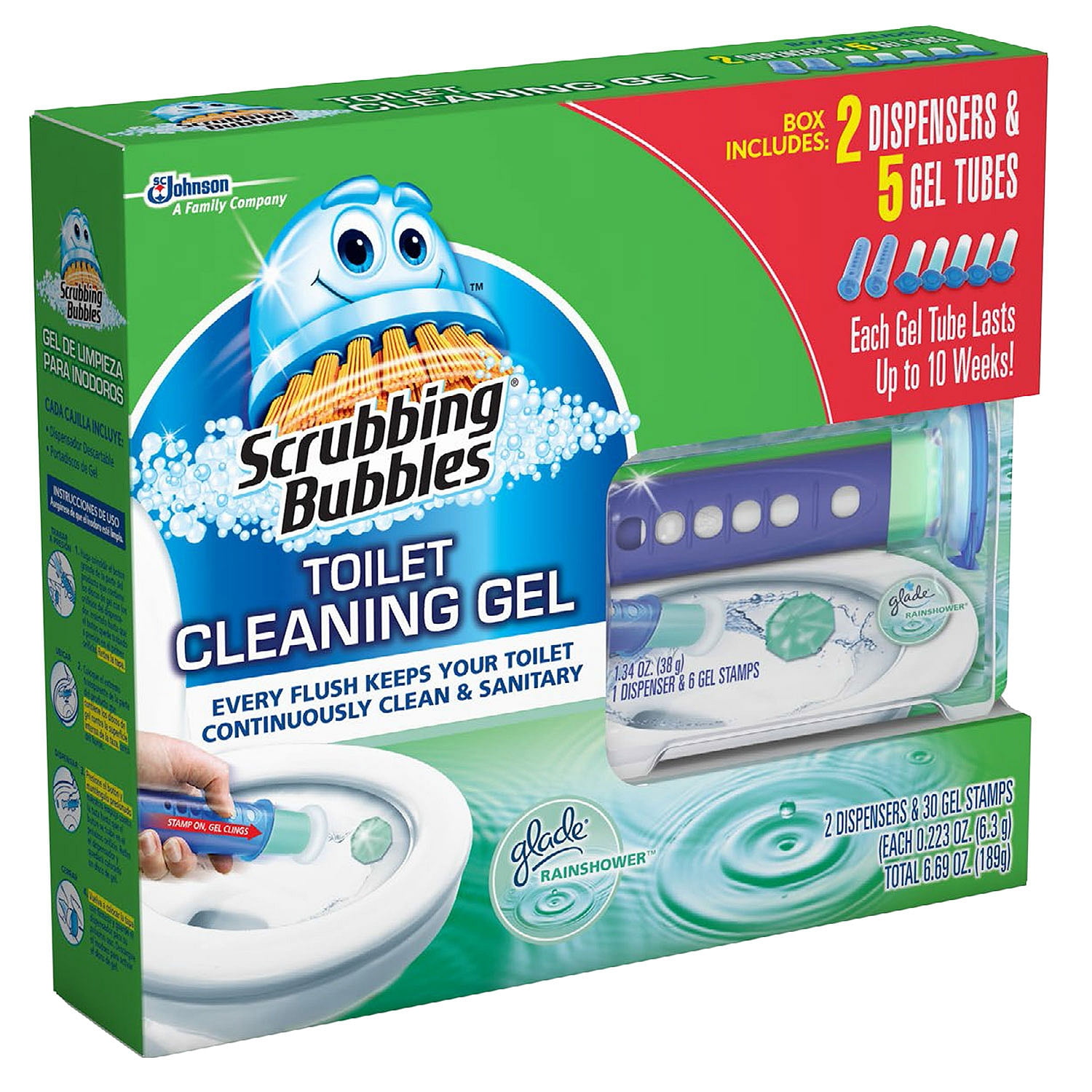 Scrubbing Bubbles Toilet Gel, Rainshower, 2 Dispensers + 30 Gel Discs