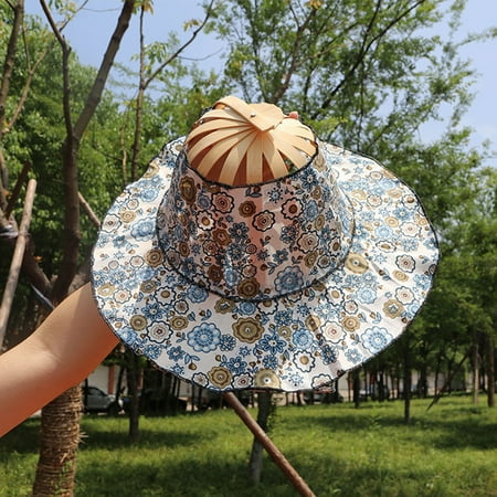

Bamboo Foldable Hand Fan Sun Hat Adjustable Hat to Handheld Folding Fan For Traveling Outdoor Blue