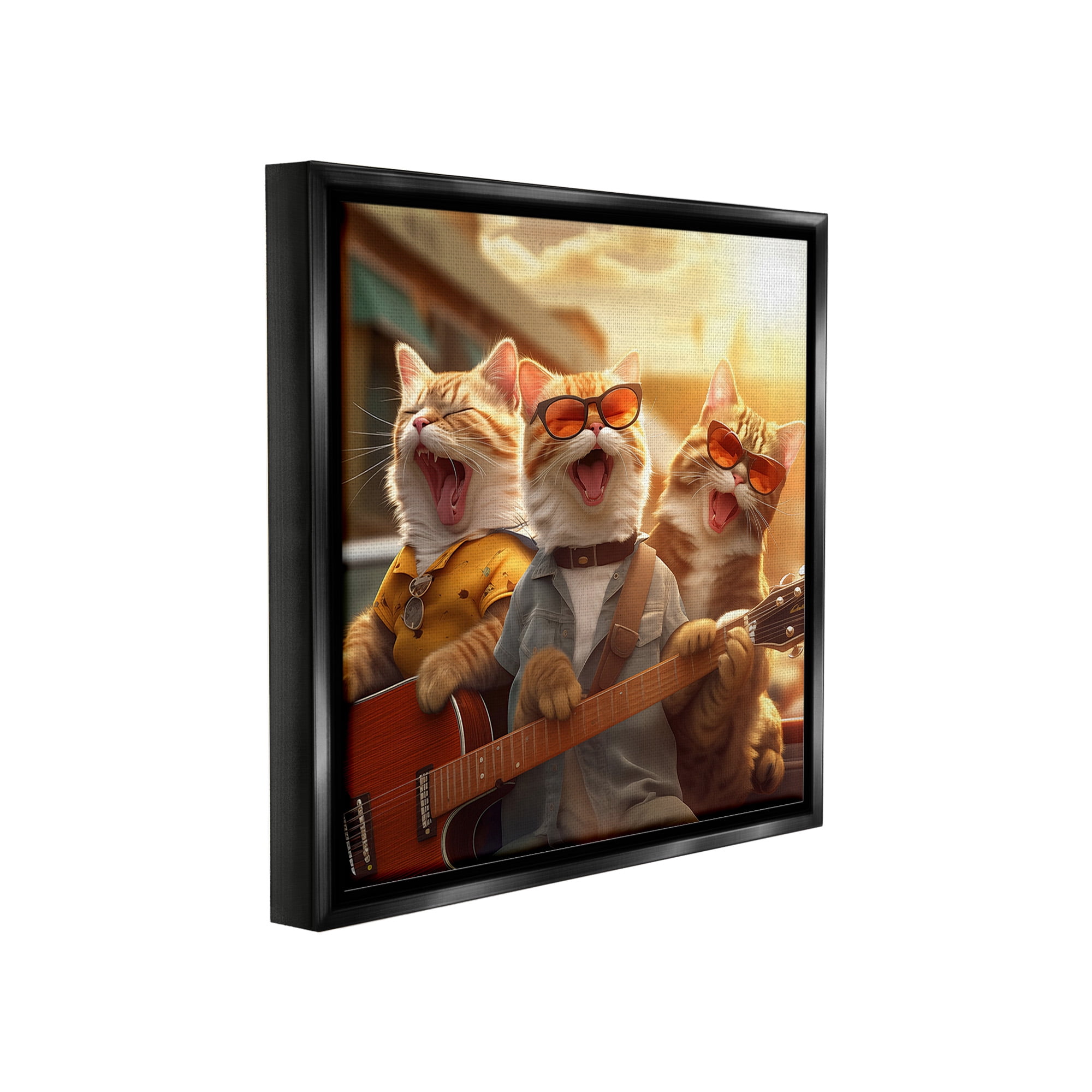 Stupell Industries Singing Guitarist Cats Animals & Insects Painting Black Floater Framed Canvas Art Print Wall Art, 25 x 25