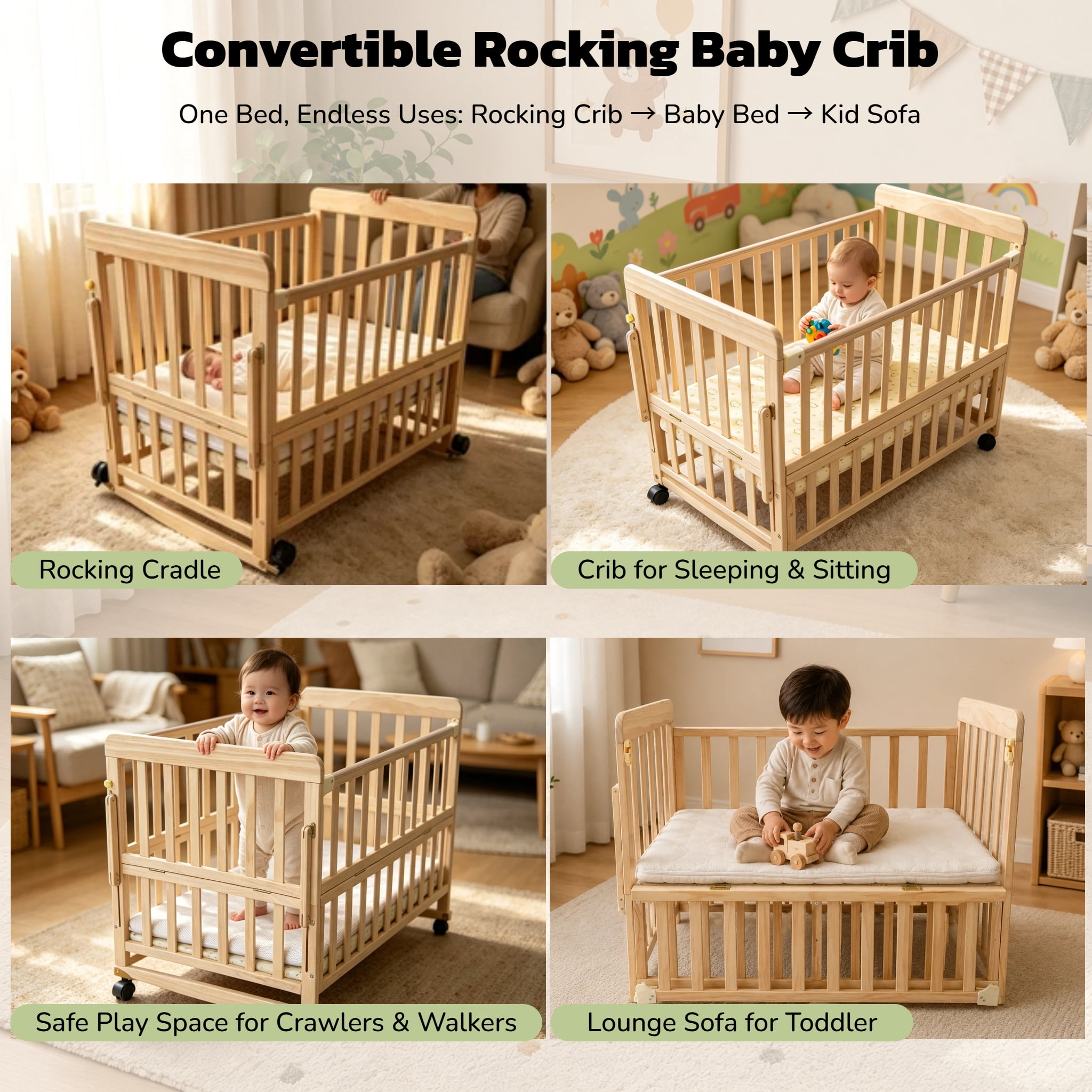 Mintazer Convertible Kids Crib with Height Adjustable, Bedside Bassinet with Lockable Wheels & Mattress, Extendable Rocking Cradle for Newborn to Toddler, Natural