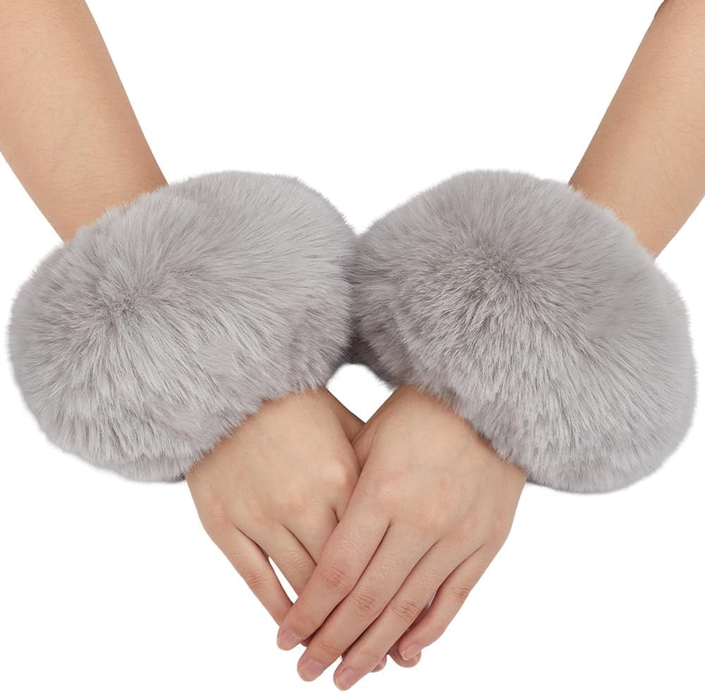 1 Pair Brown Faux Fur Cuffs Wrist Arm Warmers Coffee Winter Short