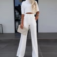 thumbnail image 3 of ZEHJUHAN Women's Solid Color Two-Piece Set Crew Neck Mid-Sleeve Top and Wide-Leg Pants with Pockets Office Casual Outfit White，S, 3 of 4