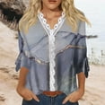 thumbnail image 2 of Dyegold Blouses For Women Dressy Casual 3/4 Flare Sleeve Lace Trim V Neck Floral Print Vintage Tunic Tops Loose Fit Shirts, 2 of 5