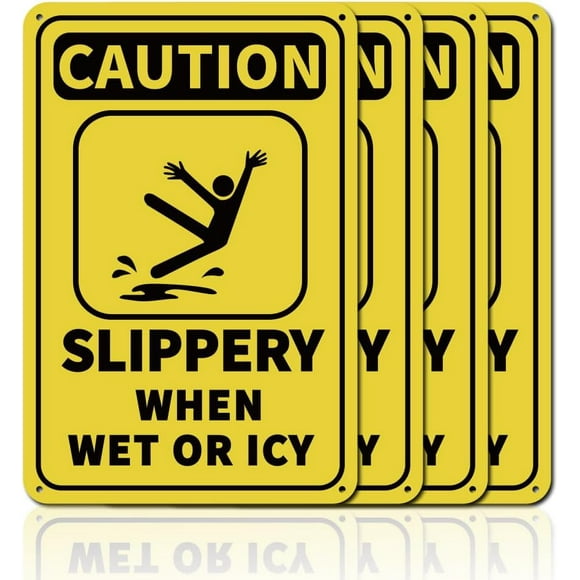 4Pcs Caution Slippery When Wet or Icy Metal Sign 8x12inch 35 Mil Aluminum Warning Sign for Outdoor Areas Driveways Walkways Parking Lots Staircases UV Protected and Waterproof
