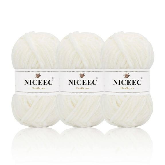NICEEC 3 Skeins Soft Chenille Yarn Blanket Yarn Velvet Yarn for Knitting Fancy Yarn for Crochet Weaving DIY Craft Total Length 3×85m (3×93yds, 3×50g)_Cream White