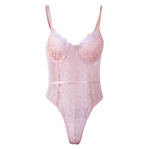 Lace See Through Bodysuit Charming Patchwork Women Body Leotard for Party Date Daily Pink M