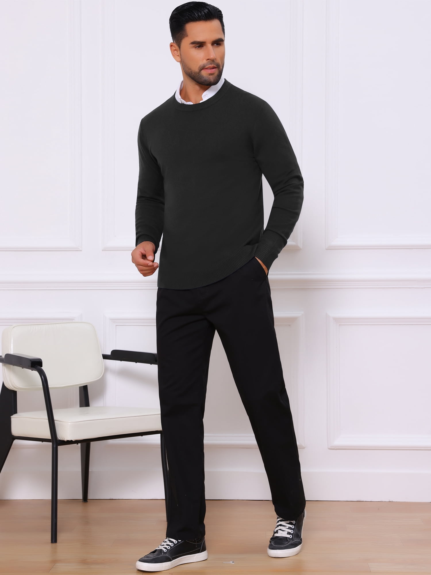 DARING DIVA Men's Solid Crew Neck Long Sleeve Soft Knit Pullover Sweater S Black