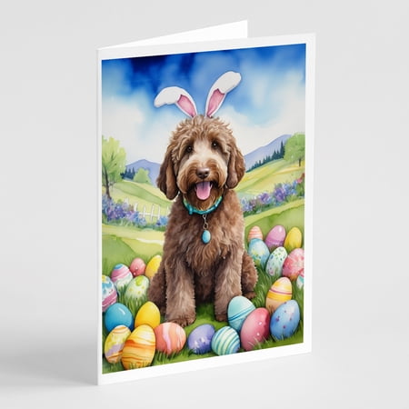 Labradoodle Easter Egg Hunt Greeting Cards Pack of 8 7 in x 5 in