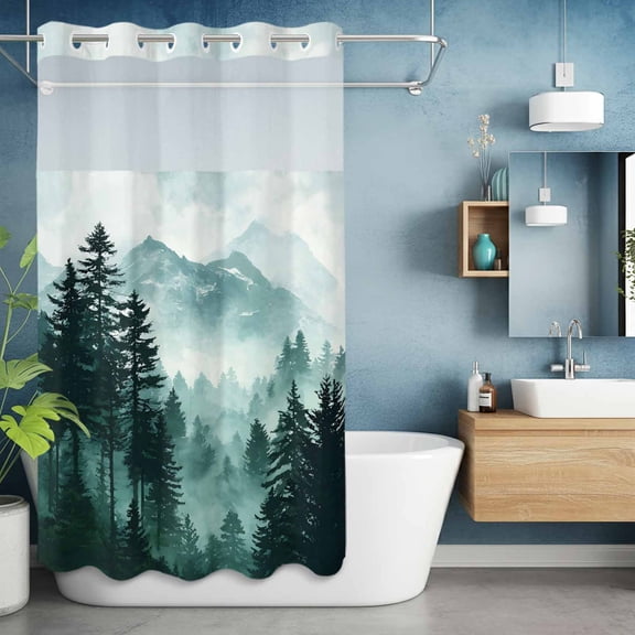 No Hook Shower Curtain with Snap in Liner, Watercolor Blue Forest Abstract Waterproof Fabric Bathroom Curtain Mesh Top Window, Vintage Linen Texture Shower Curtains 36x72in