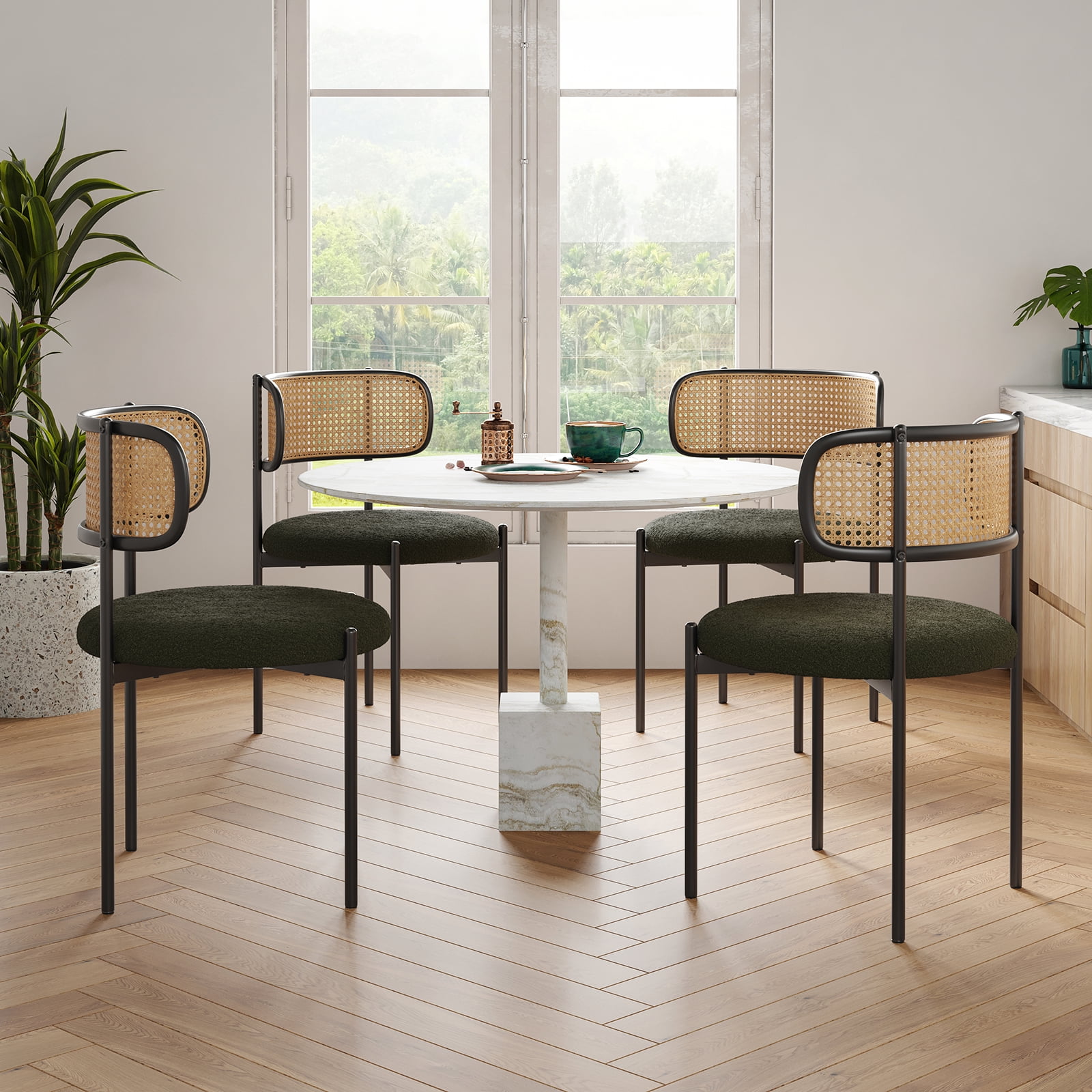 Farini Upholstered Dining Chair Set of 2, Rattan Backrest Kitchen Chair, Green
