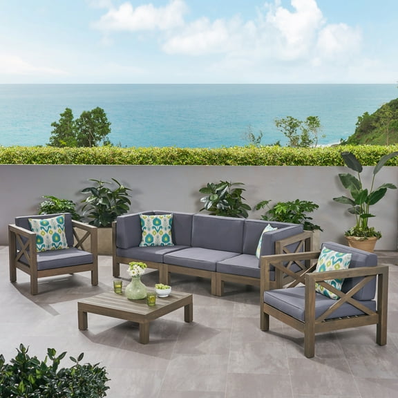 GDF Studio Morgan Outdoor 5 Seater Acacia Wood Sofa Chat Set, Gray