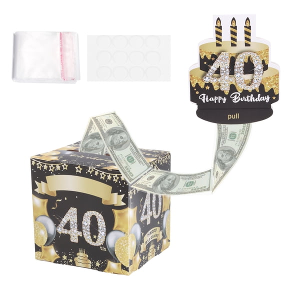 40th Birthday Money Box for Cash Gift, Birthday Money Pull Box with 100pcs Transparent Bags for Birthday Surprise Card Party Decorations Women Girl Men Boy Best Friend, Black Gold