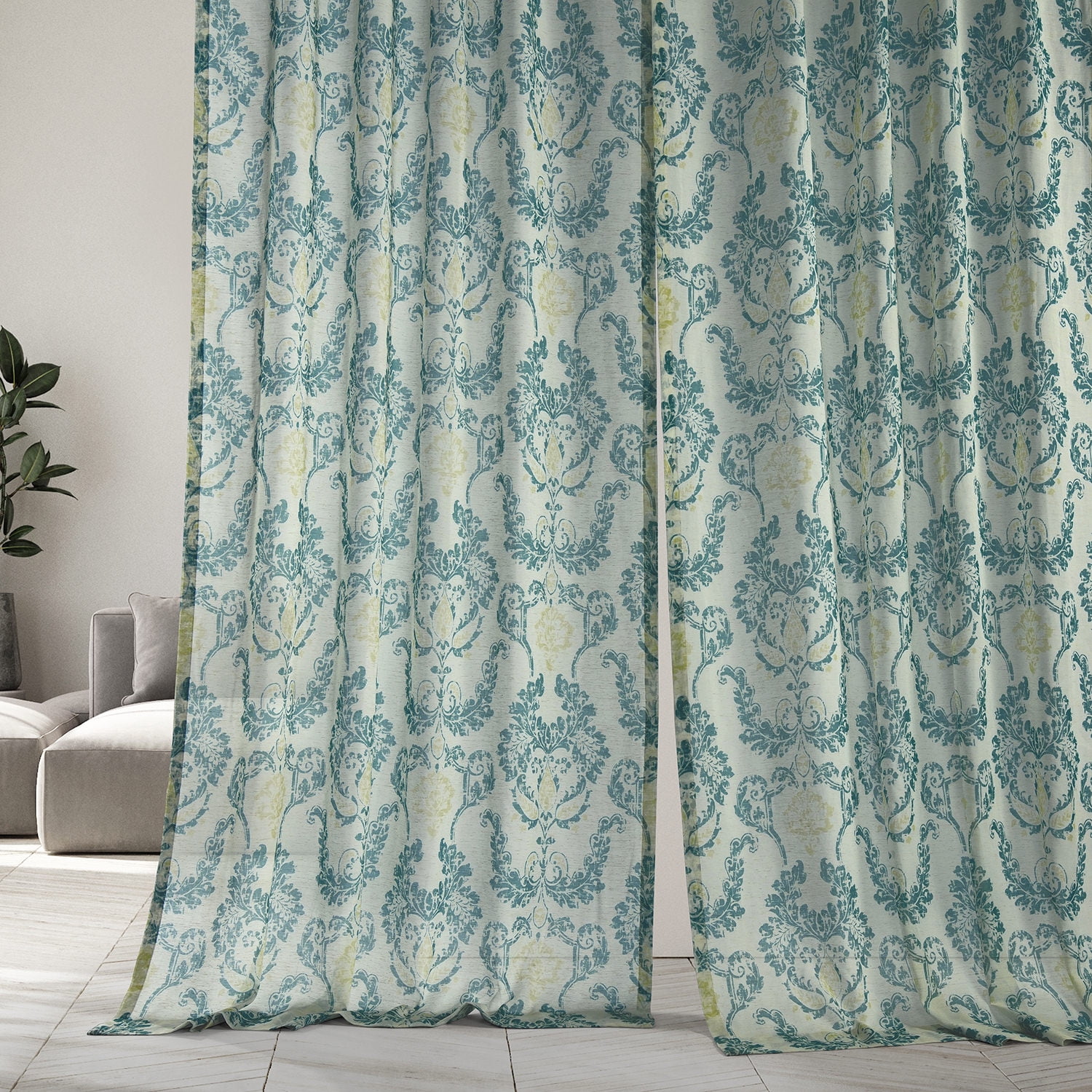 Terrace Teal Printed Faux Linen Sheer Curtain (1 Panel), Terrace Teal, 50W X 108L