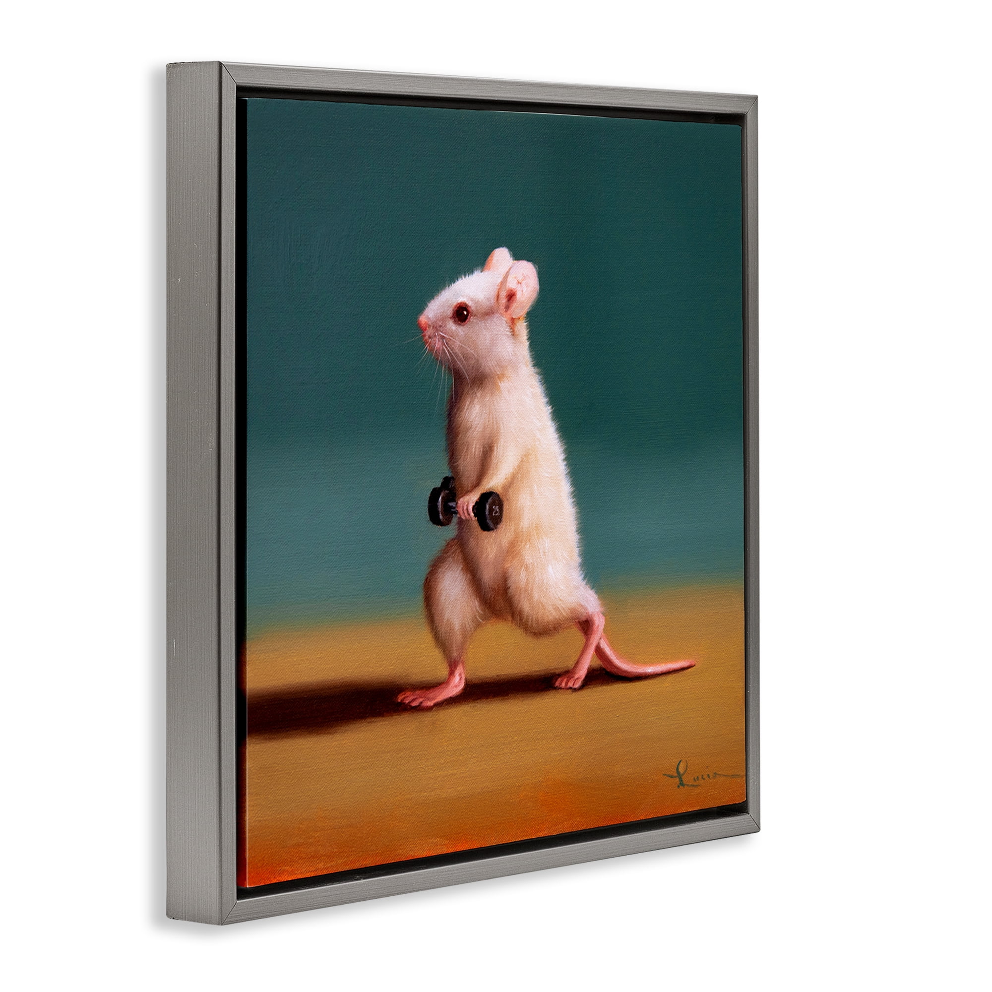 Stupell Industries Weight Exercising Mouse Animals Painting Gray Floater Framed Canvas Art Print Wall Art, 25 x 25