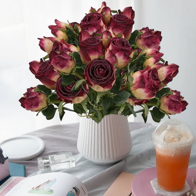 Ramo de rosas artificiales | 6 piezas Flores de seda realistas Rojo Rosa Azul Naranja Amarillo Blanco | Tallos de plástico de 14,5" | Centrotamesa de boda, decoración del hogar, disposición de la