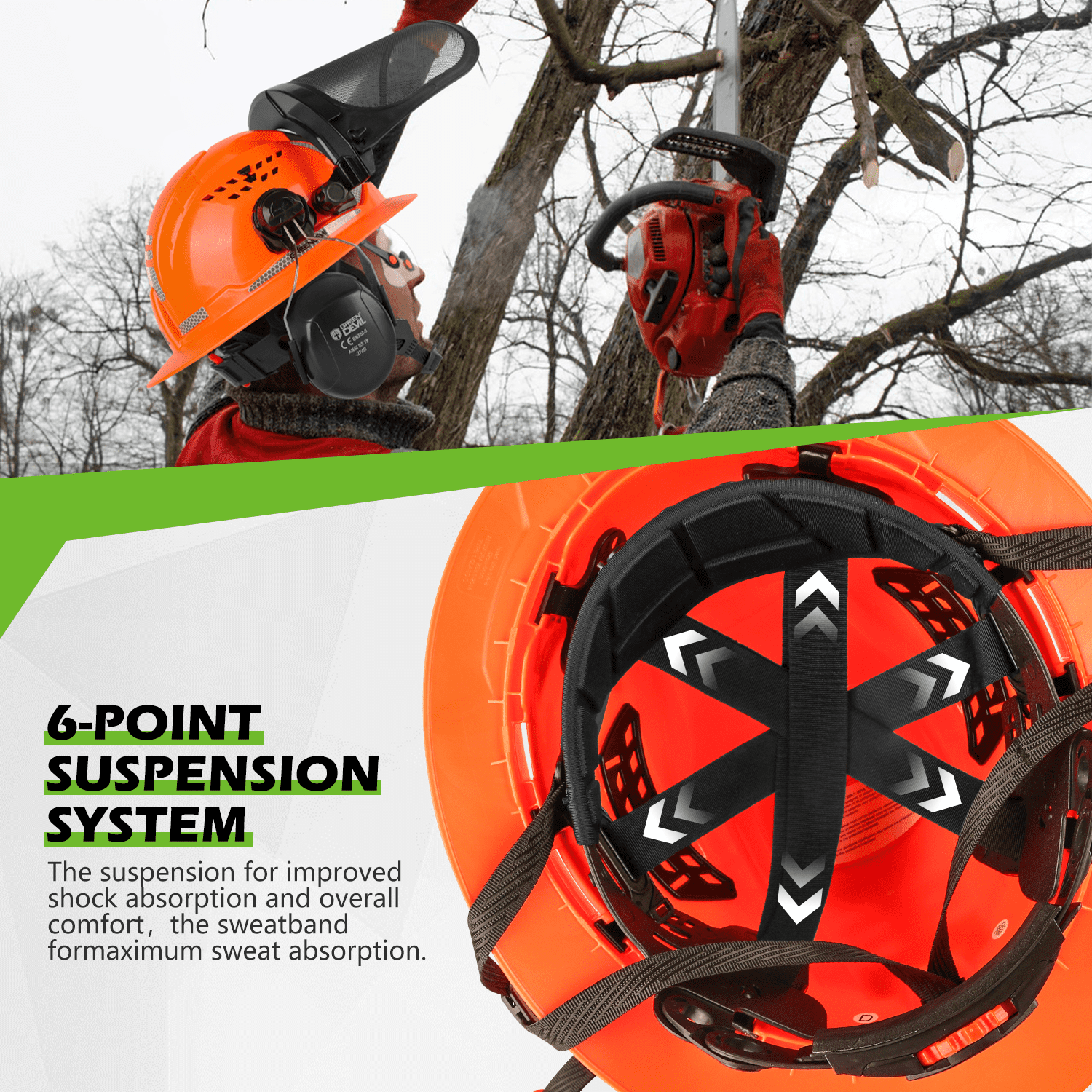 GREEN DEVIL Industrial Chainsaw Helmet with Face Shield Built in Visor and Ear Muffs 4 in 1 System ANSI Z89.1 Full Brim Safety Hard Hat Adjustable Headgear Ideal for Forestry and Arborist Work