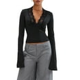 thumbnail image 2 of Elippeo Women's Fall Tops Slim Lace Trim Deep V Neck Bell Sleeve Crop Shirt Casual Streetwear, 2 of 8