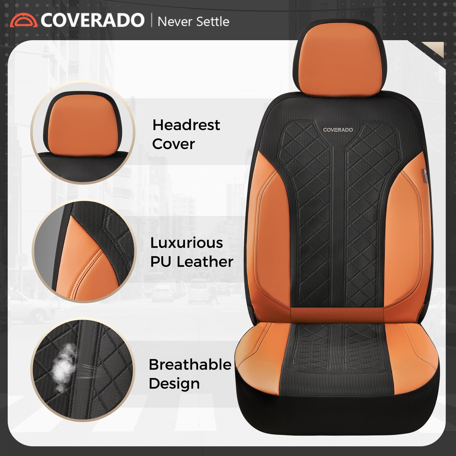 Coverado Car Seat Covers Full Set, Luxury Faux Leather Seat Protectors, Universal Fit for Cars, SUVs, Trucks-Black&Brown