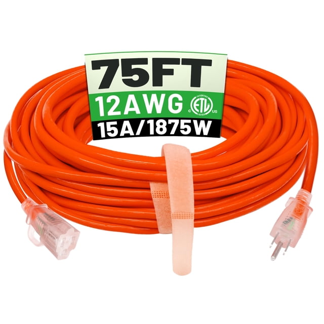 POWGRN Cordon d'Extension Extérieur 12/3 de 75 Pi, Étanche, Robuste, avec Extrémité Indicatrice Éclairée, Calibre 12, 3 Broches, Cordon d'Alimentation Long Flexible et Résistant au Froid O