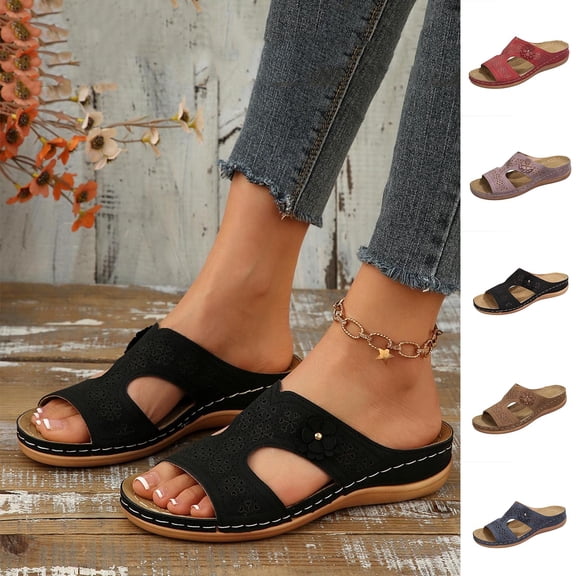 HomeDM Low Wedge Platform Sandals for Women Open Toe Slip On Summer Comfort Walking Beach Slide Sandals, Black Size 5.5