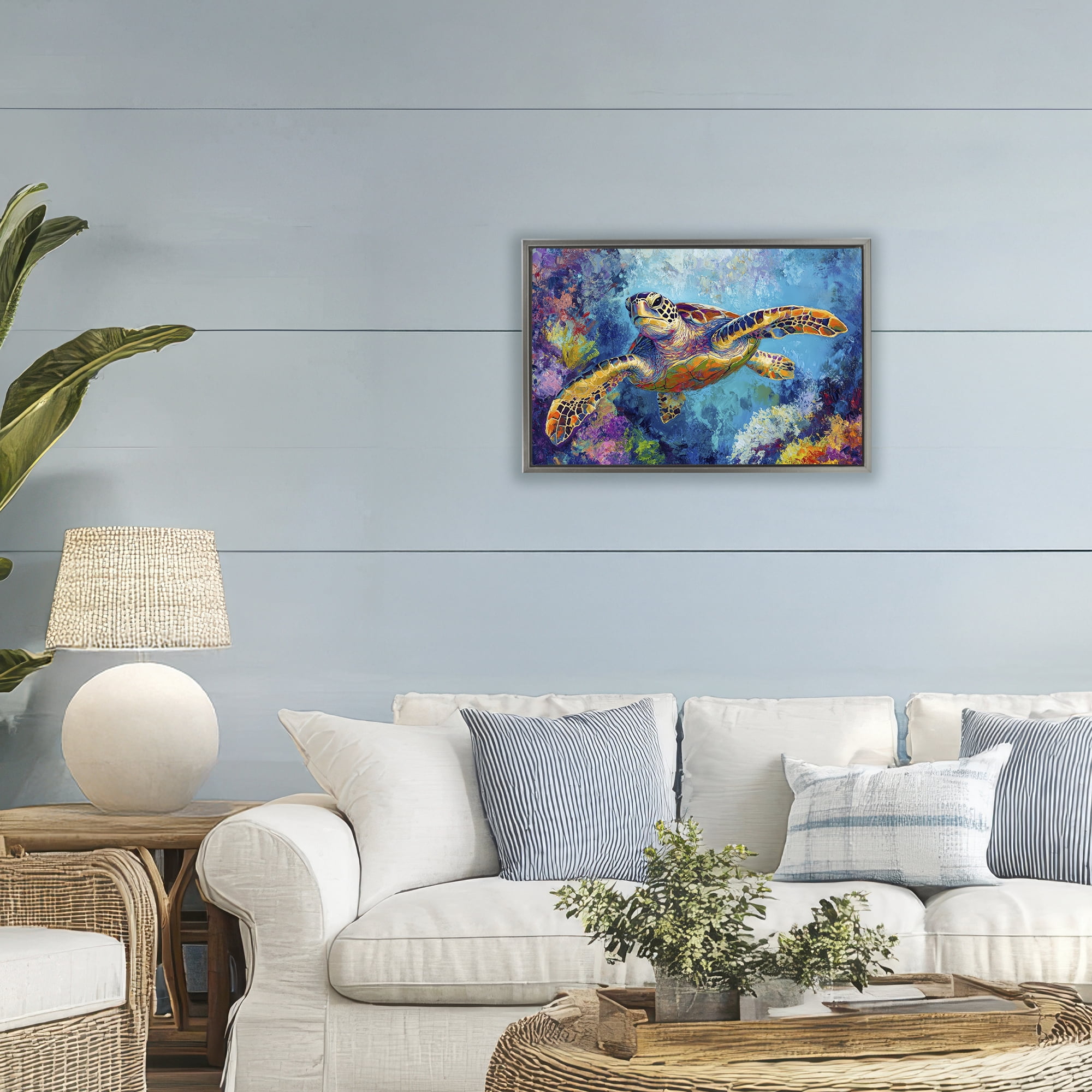 Stupell Industries Colorful Sea Turtle over Coral Gray Framed Floater Canvas Wall Art, design by Petal Prints Design
