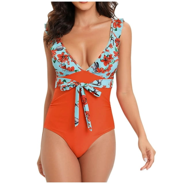 Women‘s One Piece Swimsuits Ruffled Deep V Neck Monokini Bathing Suits Tummy Control Tie Front Swimwear