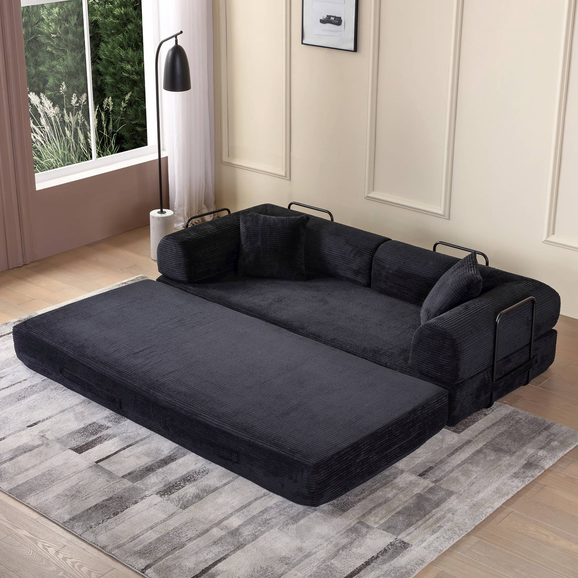 Convertible Sleeper Sofa Bed with Pillow, Corduroy Folding Mattress Floor Sofa Lounge Couch for Living Room, Bedroom, Black