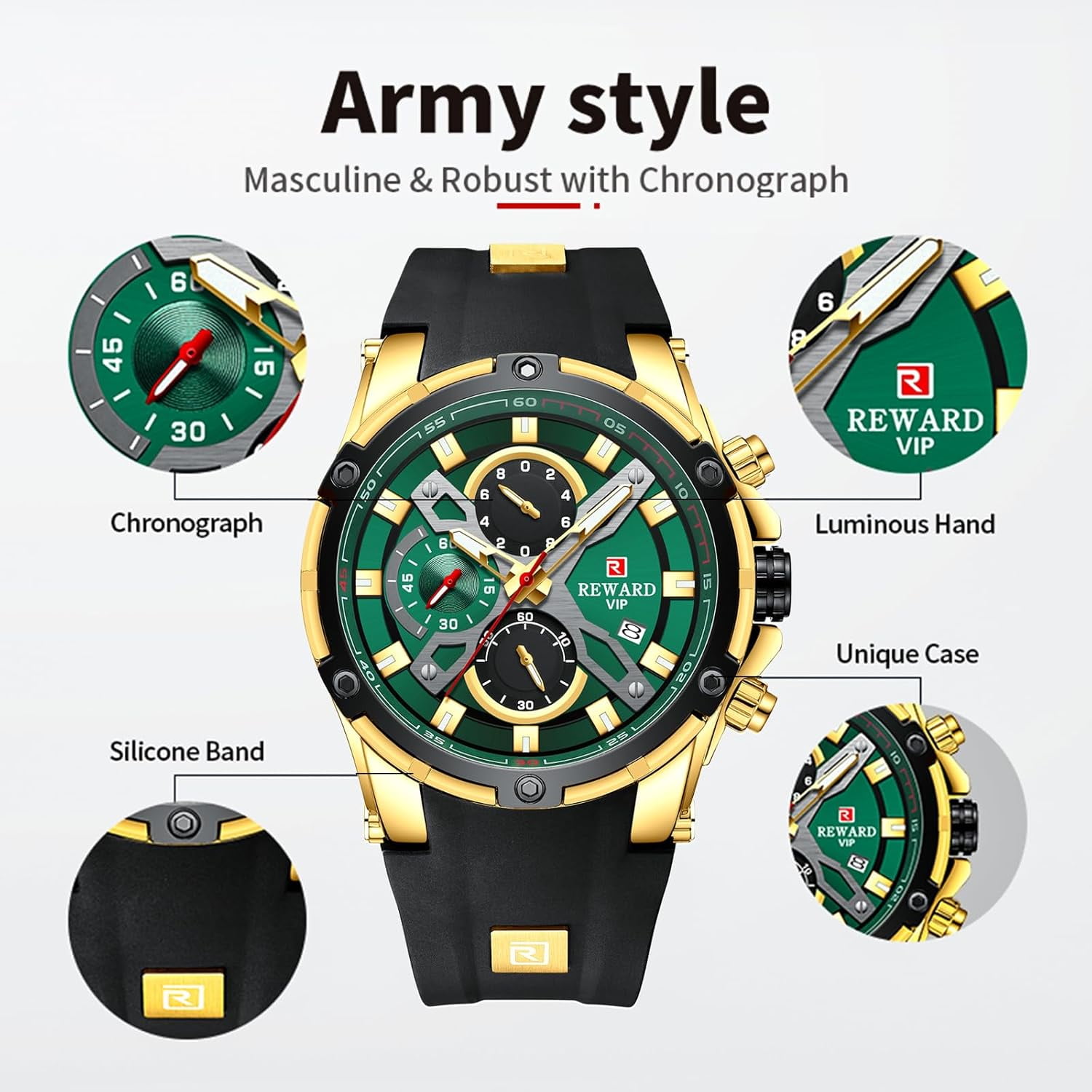 Men's Watch Fashion Tonneau Wrist Watches (Chronograph/Waterproof/Luminous/Calendar) Silicon Strap Quartz Watch for Men