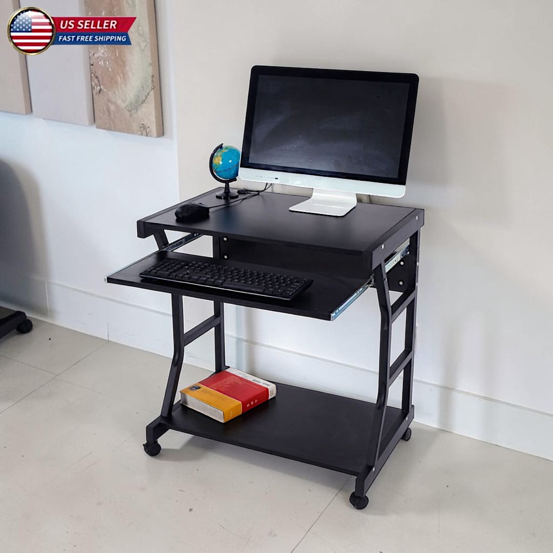 Hassch Mobile Computer Desk with Keyboard Tray and Storage Shelf, 27.55" Small Rolling Writing Desk on Casters for Home Office, Bedroom and Small Spaces, Black
