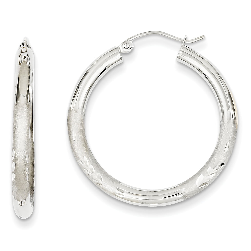 10k White Gold Satin & Diamond-cut 3mm Round Hoop Earrings Length 30mm