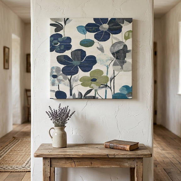 Ships Next Day Canvas Wall Art 8"x8", Navy Blue Green Floral Wood Framed Canvas Print Painting, Vintage Botanical Leaves Ready to Hang Small Picture Wall Decor for Home Bathroom Nursery Kitchen