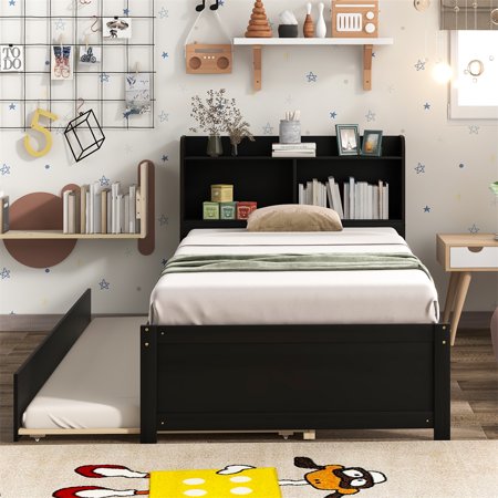 Twin Size Platform Bed with Trundle and Bookcase for Kids Teens and Adults  Wood Platform Beds with Headboard Storage and Slats Support for Bedroom  Apartment and Guestroom  Espresso