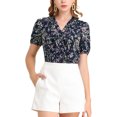 thumbnail image 5 of INSPIRE CHIC Women's Floral Print Rufle Button Up Puff Short Sleeves Blouse Top S Navy Blue, 5 of 7