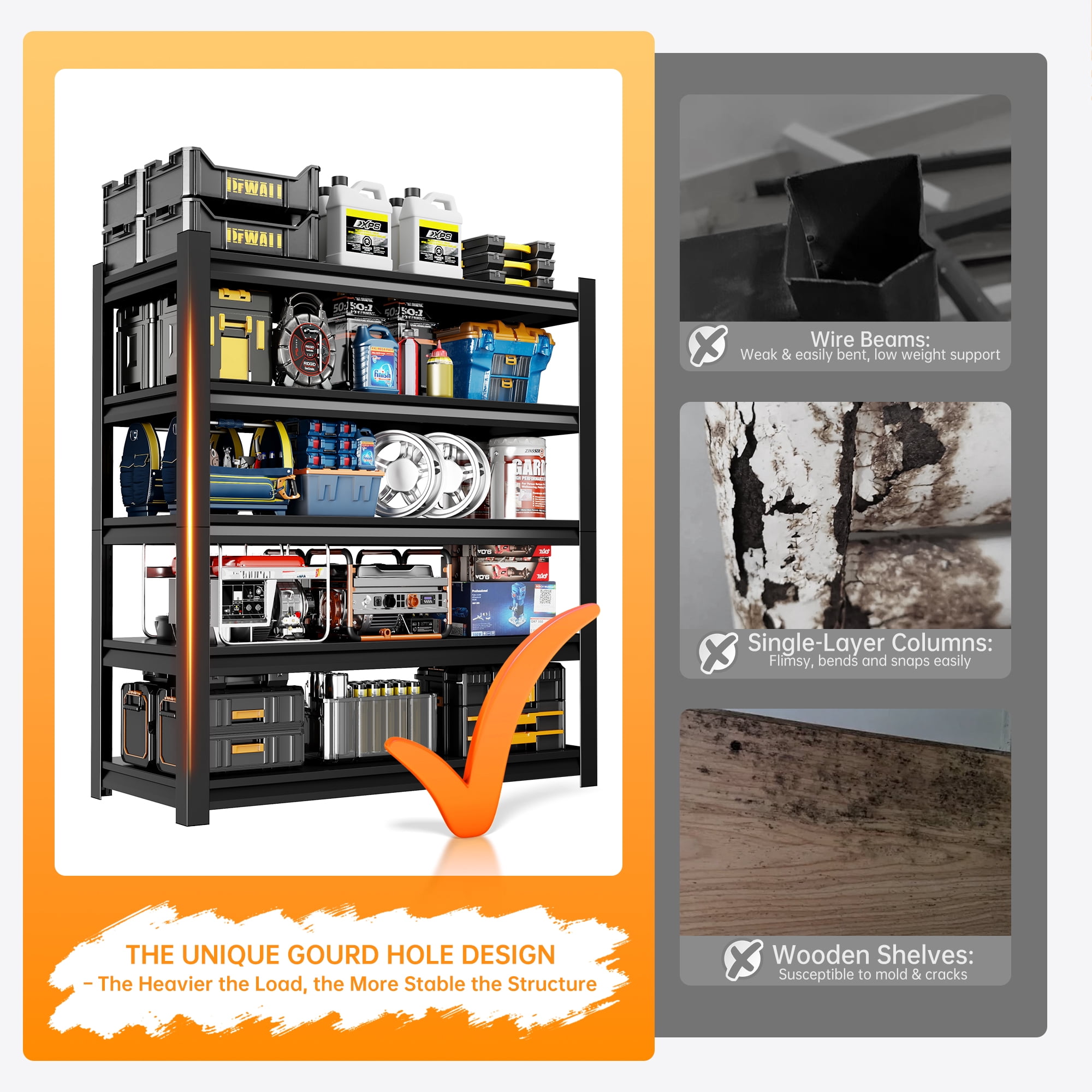 Welfiya 5-Tier Garage Shelving,24"W Storage Shelves,2500LBS Heavy Duty Shelving, Adjustable Metal Shelving Units for Storage Rack for Shed Warehouse Basement, Black,24"W x 16"D x 63"H