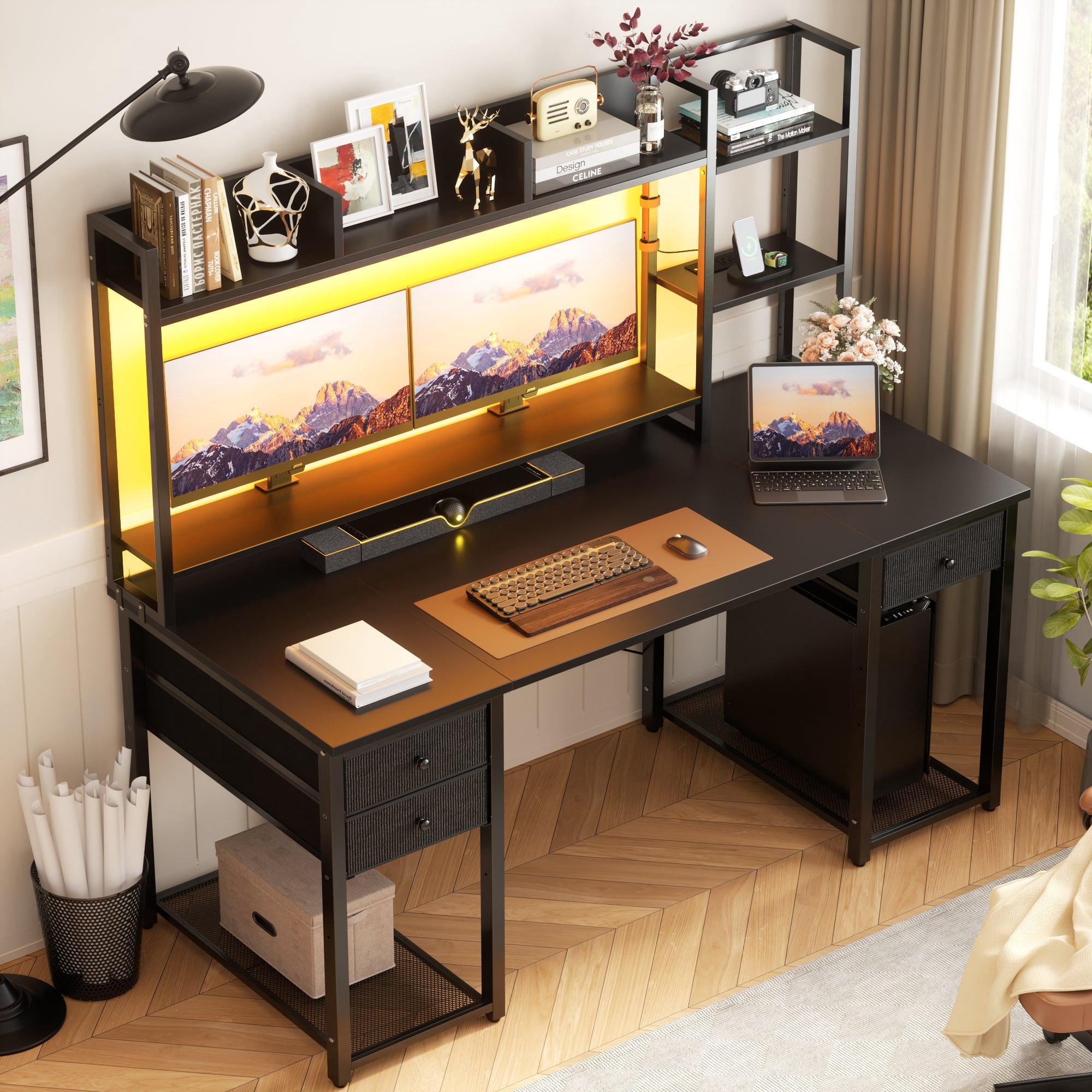 Homieasy Desk with Hutch & Power Outlets, 55.2'' Computer Gaming Desk with LED Lights and Drawers, Reversible Office Desk with Storage Shelves, Workstation Desk for Home & Office, Black