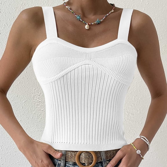Wycnly Womens Tank Tops Comfy Knitted Ribbed Sexy Slim Fit Vest Tops Summer Fashion Solid V-Neck Sleeveless Shirts Blouse White m