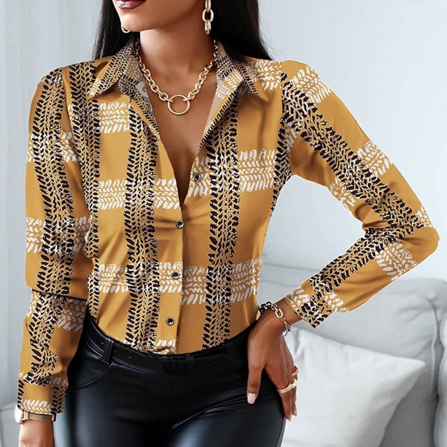 Mikilon Long Sleeve Shirts For Women Button Down V-Neck Floral Graphic Contrast Color Novelty Fall Blouses