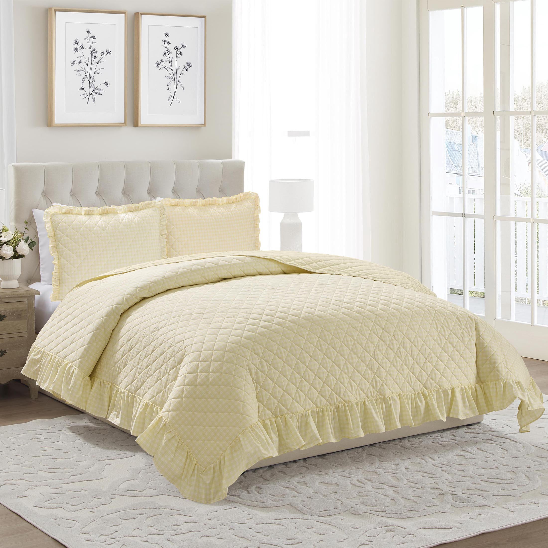 My Texas House Gingham Ruffle 3-Piece Yellow Adult Quilt Set, King