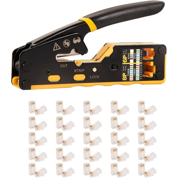 Dawot RJ45 Crimp Tool with 50PCS CAT6 Connectors, RJ45/RJ11/RJ12 Pass Through Crimp Tool, Ethernet Crimper Cutter for Cat6a Cat6 Cat5e Cat5,6P/8P, Ethernet 3 in 1 Wire Tool