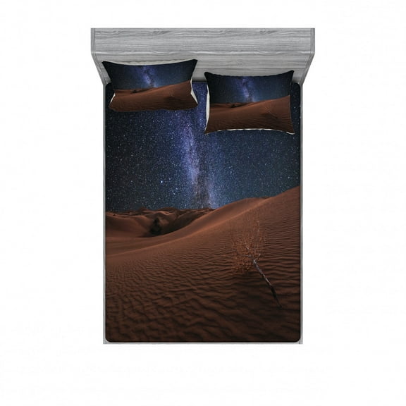 Ambesonne Space Fitted Sheet & Pillow Sham Set, Desert Lunar Life on Mars, Full, Brown Blue
