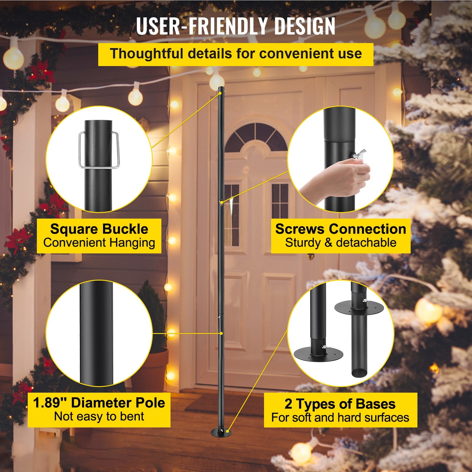 BENTISM String Light Poles, 2 Pack 10.6 ft, Outdoor Powder Coated Steel Lamp Post with Hooks to Hang Lantern and Flags, Decorate Garden, Backyard, Patio, Deck, for Party and Wedding, Black