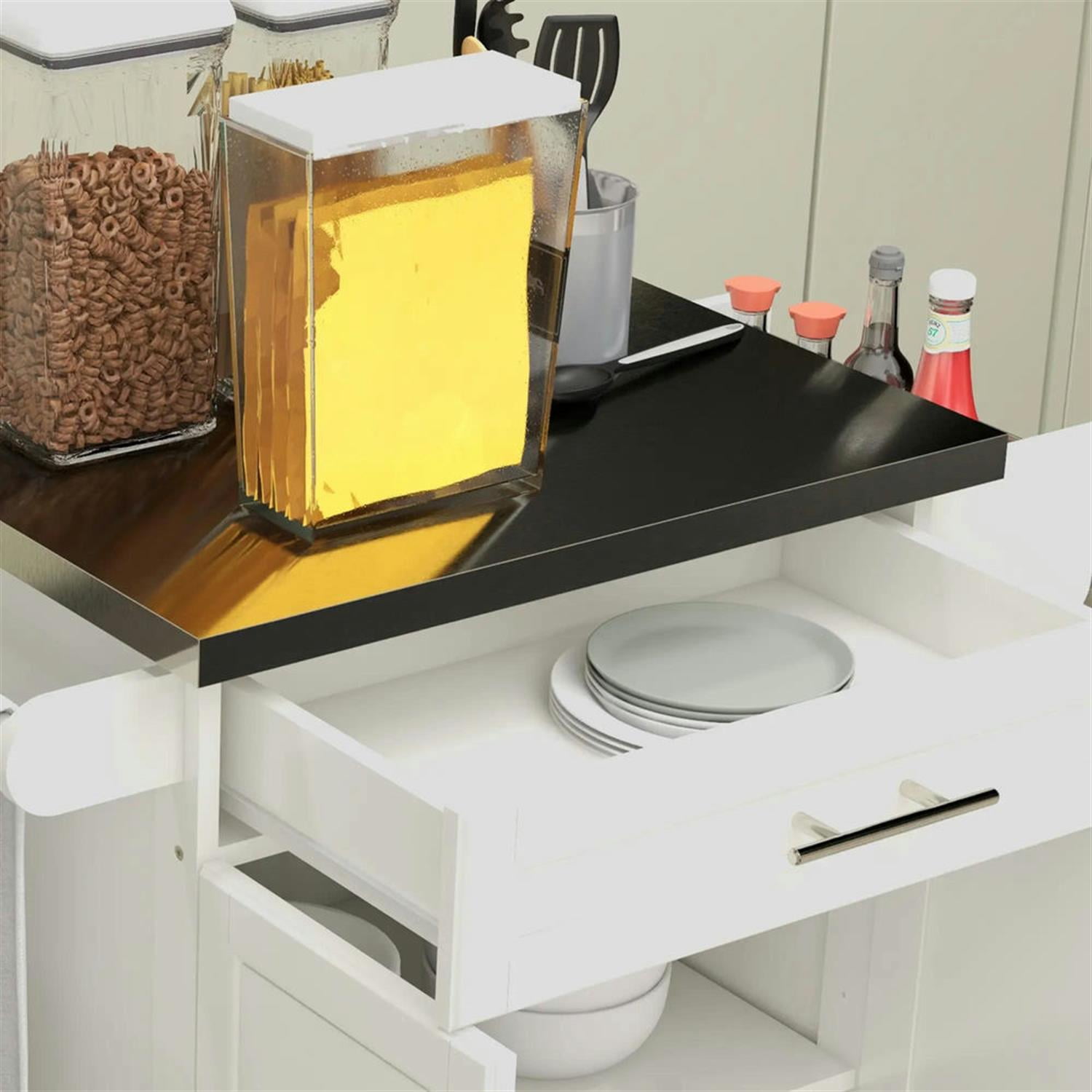 Demi Bonn 35" Kitchen Island Cart on Wheels with Stainless Steel Top, Rolling Dining Room Serving Utility Carts Mobile Movable with Towel Rack, White