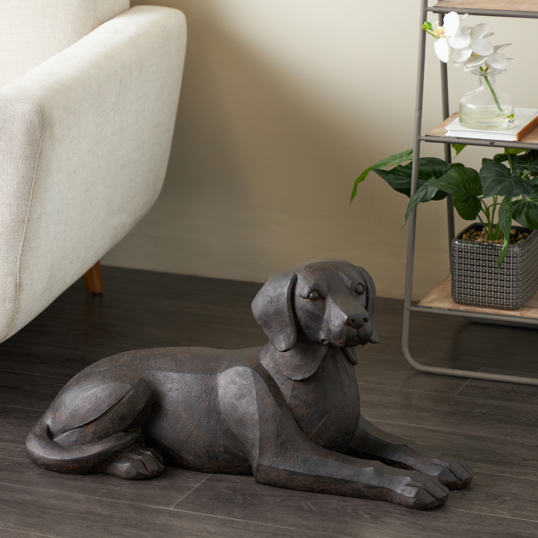 31" x 14" Black Resin Sitting Dog Sculpture with Copper Shadings, by DecMode