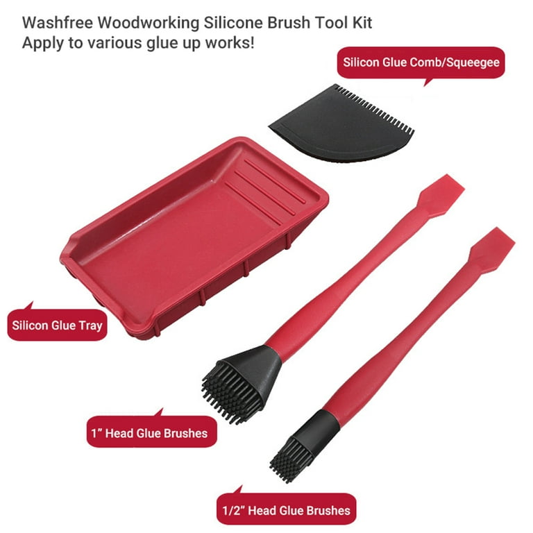 Walmeck 4pcs Woodworking Glue Tools Kit Silicone Glue Kit Narrow Brush Wide Brush Soft Silicone Thin Shovel Flat Scraper Glue Tray Wood Gluing
