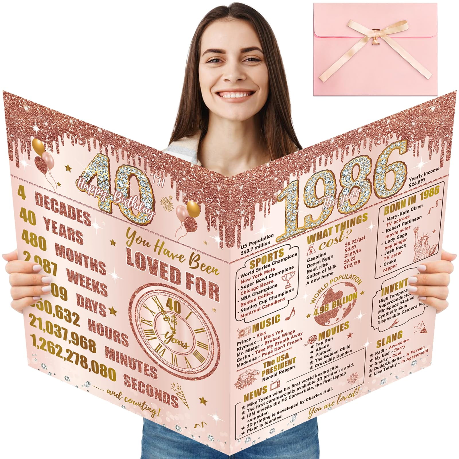 Large 40th Birthday Card With Envelope for Women, Pink Rose Gold The Year 1986 Happy 40th Birthday Giant Guest Signature Book Gift, Extra Big Forty Greeting Card Decoration Party Supply