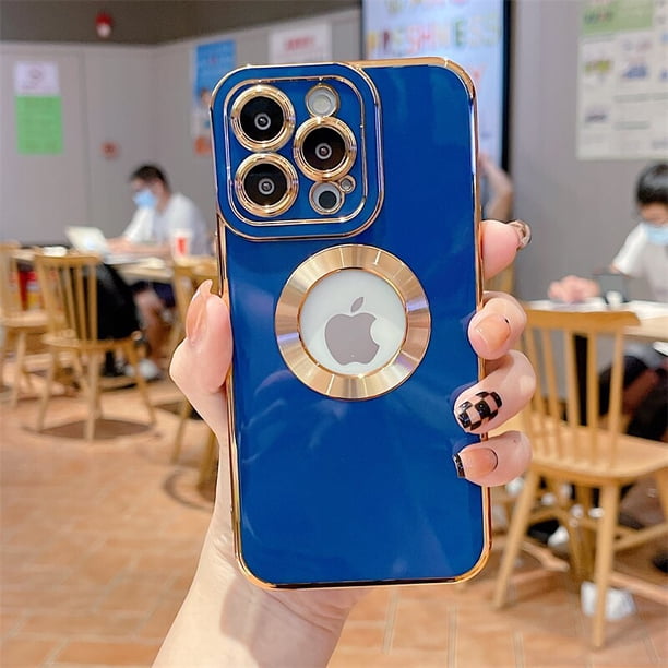 Funda de teléfono con agujero de logotipo chapado en oro de lujo para iPhone 14 13 12 Pro Max 11 XS 7 8 Plus, protección de cámara con logotipo transparente de silicona suave Tan Jianjun unisex