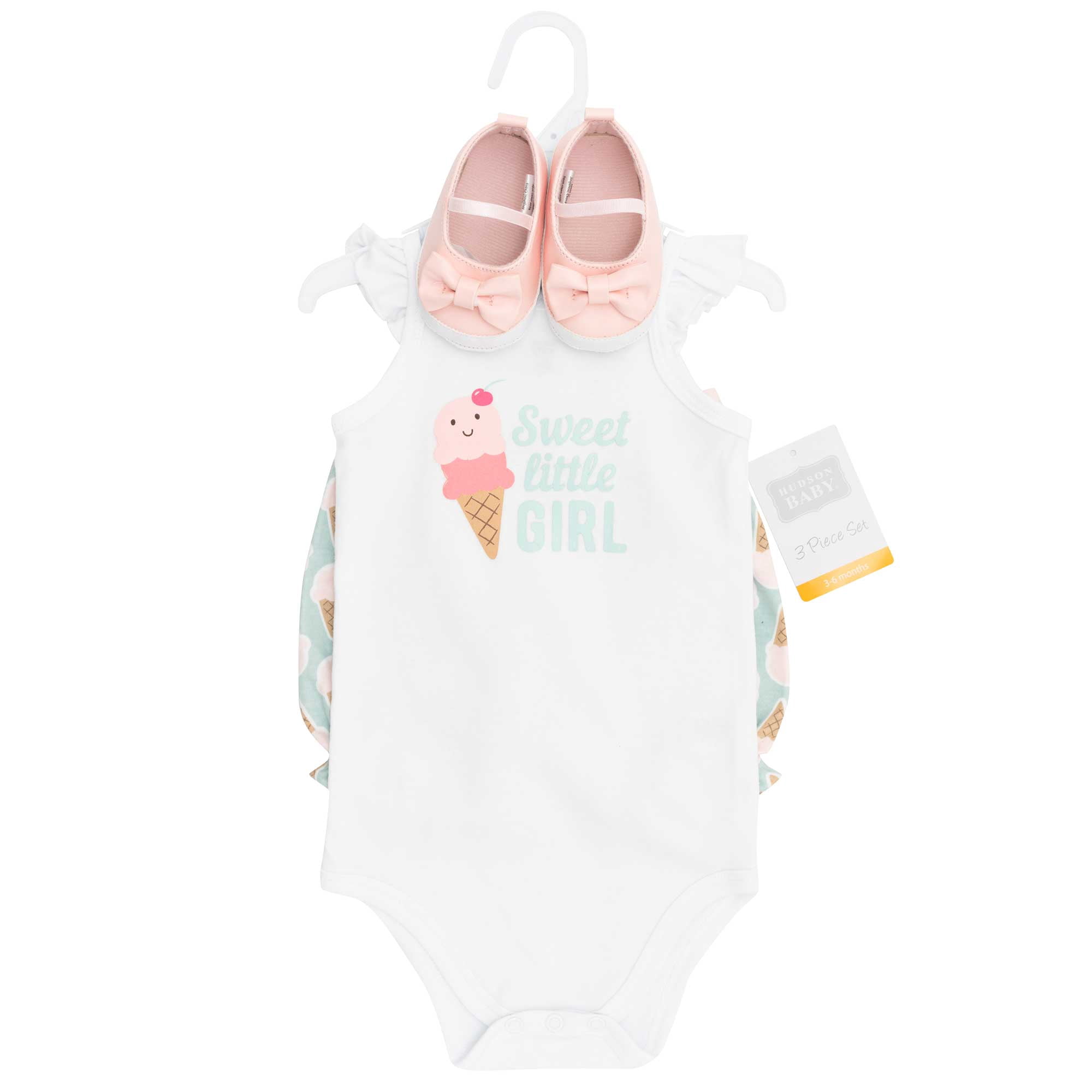 Hudson Baby Girl Cotton Bodysuit, Shorts and Shoe Set, Sweet Ice Cream, 6-9 Months
