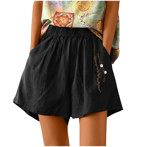 qolati Shorts for Women Summer Casual High Waisted Cotton Linen Wide Legs Shorts Lightweight Loose Fit Elastic Waist Boho Beach Shorts with Pockets