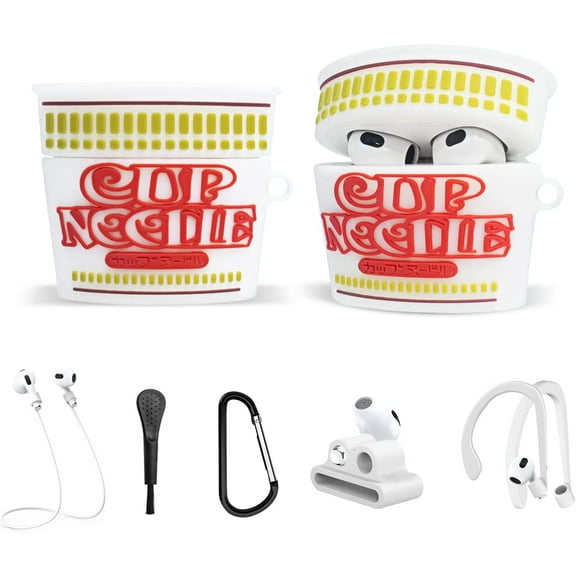 Cute Noodles Cup Airpods 3rd Generation(2021) Case, 6 in 1 Airpods 3 Silicone Accessories Protective Cover, Kawaii Fashion Fun Cartoon Food Ramen Design Airpods 3 Skin for Boys Girls Women Kids Teens